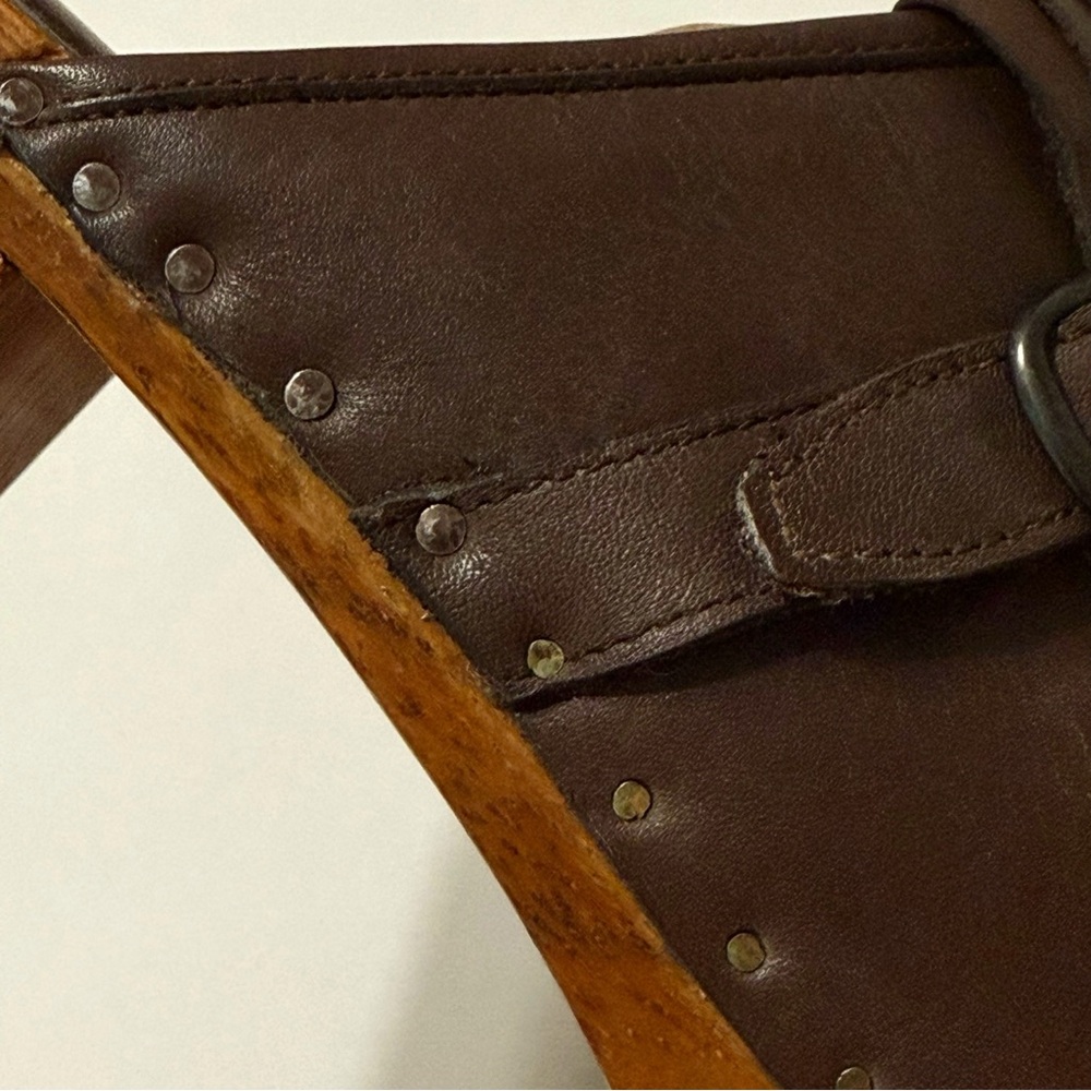 RACHEL COMEY BROWN LEATHER FRINGE WOOD HEEL CLOGS MULES - Picture 14 of 15